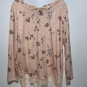 Lauren Conrad Women's Floral Pink Lace Trim Hem Tie Back Tunic Top Large NWT
